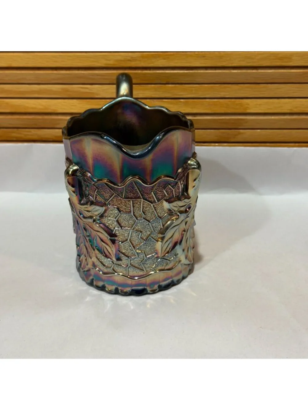 Vintage Dugan Carnival Glass Maple Leaf Iridescent Cobalt Blue Glass 4.5 Creamer